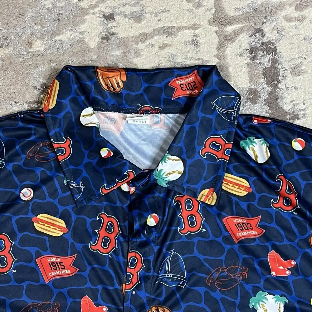 Boston Red Sox Shirt Mens XL Button Up Hawaiin Baseball Gloves Hotdogs Promo AOP - Picture 10 of 11